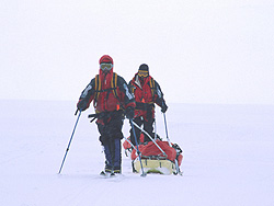 Clásica imagen avanzando por la meseta de hielo: en fila, cada uno con su trineo y sin visibilidad